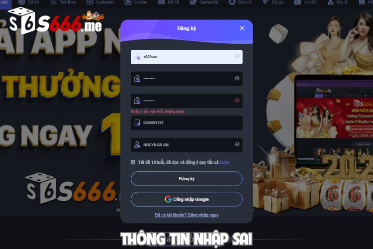 Thông tin nhập sai